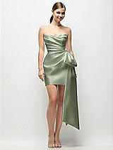 Alt View 1 Thumbnail - Sage Strapless Pleated Draped Satin Mini Dress with Dramatic Long Tail Bow & Covered Buttons