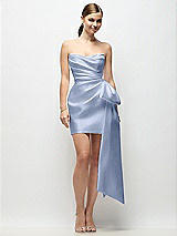 Alt View 1 Thumbnail - Sky Blue Strapless Pleated Draped Satin Mini Dress with Dramatic Long Tail Bow & Covered Buttons