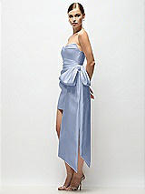 Side View Thumbnail - Sky Blue Strapless Pleated Draped Satin Mini Dress with Dramatic Long Tail Bow & Covered Buttons