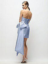 Rear View Thumbnail - Sky Blue Strapless Pleated Draped Satin Mini Dress with Dramatic Long Tail Bow & Covered Buttons