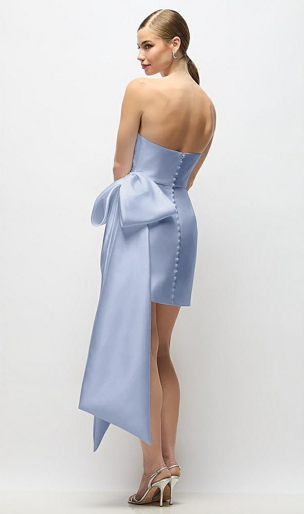 Back View - Sky Blue Strapless Pleated Draped Satin Mini Dress with Dramatic Long Tail Bow & Covered Buttons