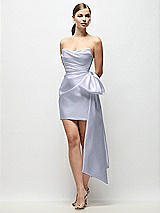 Front View Thumbnail - Silver Dove Strapless Pleated Draped Satin Mini Dress with Dramatic Long Tail Bow & Covered Buttons