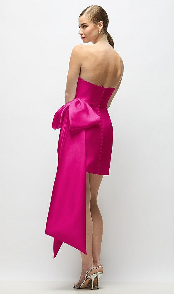 Back View - Think Pink Strapless Pleated Draped Satin Mini Dress with Dramatic Long Tail Bow & Covered Buttons