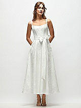 Front View Thumbnail - Off White Shaped Strap Boned Corset Embossed Floral Jacquard Bride Dress with Full Midi Skirt & Sash