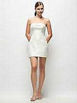 Side View Thumbnail - Off White Strapless Cuff Neck Embossed Floral Jacquard Little White Dress with Mini Skirt & Oversized Bow