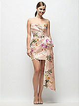 Alt View 1 Thumbnail - Butterfly Botanica Pink Sand Strapless Pleated Draped Floral Satin Mini Dress with Dramatic Long Tail Bow & Covered Buttons