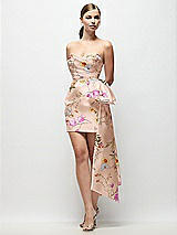 Front View Thumbnail - Butterfly Botanica Pink Sand Strapless Pleated Draped Floral Satin Mini Dress with Dramatic Long Tail Bow & Covered Buttons