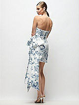 Rear View Thumbnail - Cottage Rose Larkspur Strapless Pleated Draped Floral Satin Mini Dress with Dramatic Long Tail Bow & Covered Buttons