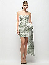 Alt View 1 Thumbnail - Sage Cottage Rose Strapless Pleated Draped Floral Satin Mini Dress with Dramatic Long Tail Bow & Covered Buttons