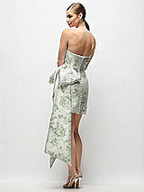 Rear View Thumbnail - Sage Cottage Rose Strapless Pleated Draped Floral Satin Mini Dress with Dramatic Long Tail Bow & Covered Buttons