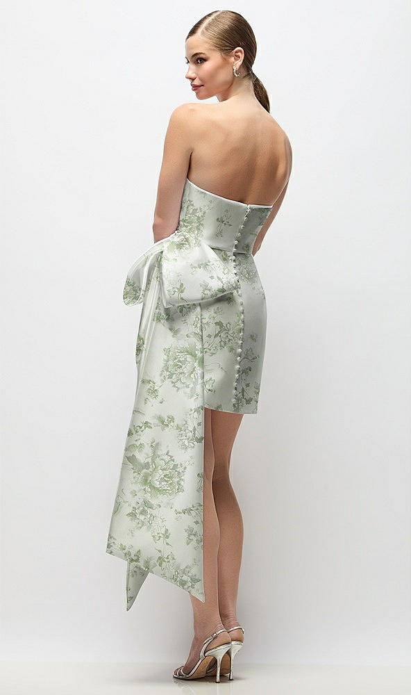 Back View - Sage Cottage Rose Strapless Pleated Draped Floral Satin Mini Dress with Dramatic Long Tail Bow & Covered Buttons