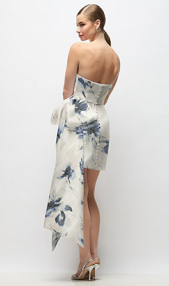 Back View - Inkwash Blue Floral Strapless Pleated Draped Floral Satin Mini Dress with Dramatic Long Tail Bow & Covered Buttons