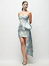 Front View Thumbnail - Porcelain Blue Seraphina Floral Strapless Pleated Draped Floral Satin Mini Dress with Dramatic Long Tail Bow & Covered Buttons
