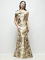 Front View Thumbnail - Peridot Blush Bow One-Shoulder Abstract Floral Jacquard Maxi Dress with Trumpet Skirt