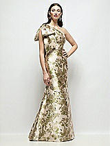 Side View Thumbnail - Peridot Blush Bow One-Shoulder Abstract Floral Jacquard Maxi Dress with Trumpet Skirt