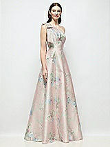Side View Thumbnail - Esme Floral Bow One-Shoulder Full A-Line Esme Floral Satin Maxi Dress