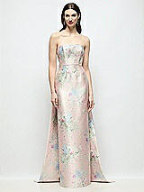 Front View Thumbnail - Esme Floral Strapless Esme Floral Satin Column Dress with Removable Watteau Train