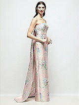 Side View Thumbnail - Esme Floral Strapless Esme Floral Satin Column Dress with Removable Watteau Train