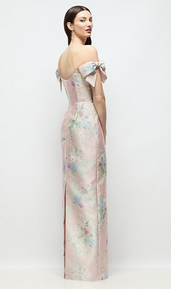Back View - Esme Floral Basque-Neck Esme Floral Satin Column Maxi Dress with Off-the-Shoulder Bows