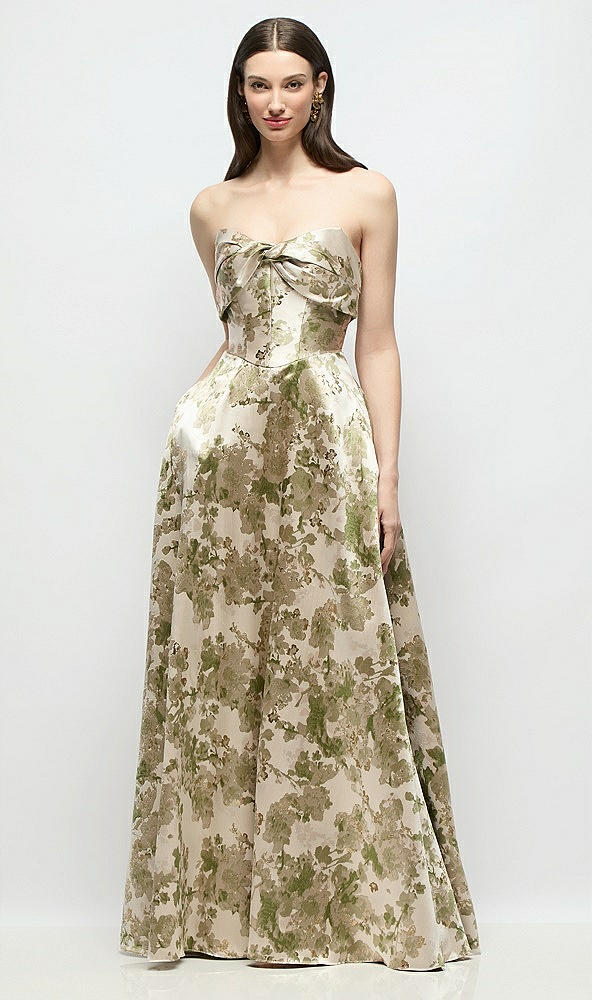 Front View - Peridot Blush Strapless Twist Cuff Neck Abstract Floral Jacquard Maxi Dress with Full Skirt