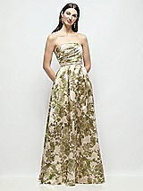 Front View Thumbnail - Peridot Blush Strapless Pleated Bodice Abstract Floral Jacquard Maxi Dress with Full Skirt
