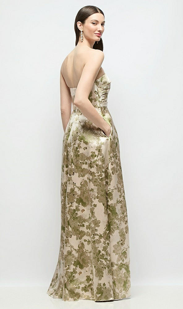 Back View - Peridot Blush Strapless Pleated Bodice Abstract Floral Jacquard Maxi Dress with Full Skirt