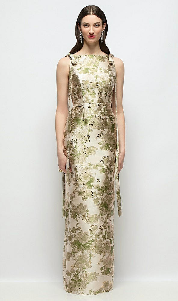 Front View - Peridot Blush Bateau Abstract Floral Jacquard Column Maxi Dress with Long Tail Bow Straps