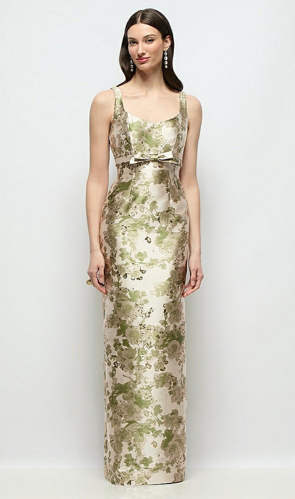 Front View - Peridot Blush Scoop Neck Abstract Floral Jacquard Column Maxi Dress with Bow Empire Waist