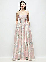 Front View Thumbnail - Esme Floral Scoop Neck Drop Basque Skirt Esme Floral Satin Maxi Dress with Pockets