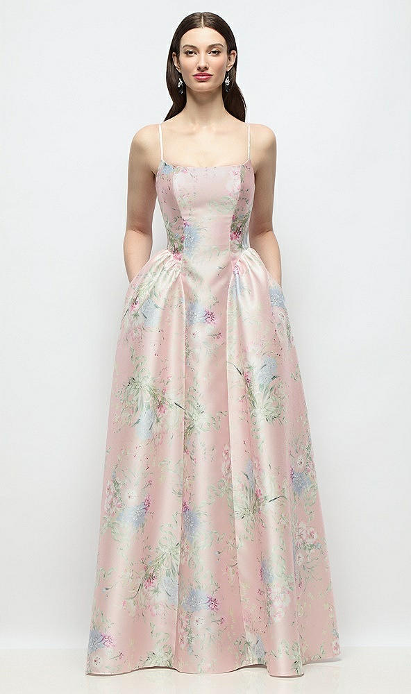 Front View - Esme Floral Scoop Neck Drop Basque Skirt Esme Floral Satin Maxi Dress with Pockets