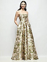 Front View Thumbnail - Peridot Blush Scoop Neck Drop Basque Skirt Abstract Floral Jacquard Maxi Dress with Pockets