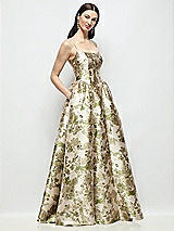 Side View Thumbnail - Peridot Blush Scoop Neck Drop Basque Skirt Abstract Floral Jacquard Maxi Dress with Pockets