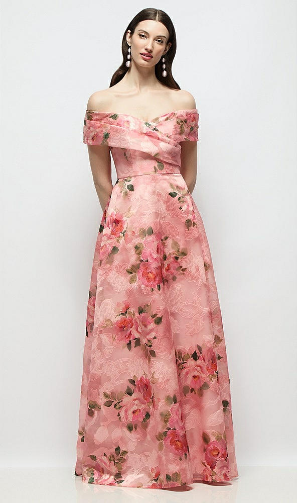 Front View - Guava Floral Print Off-Shoulder Wrap Organza Jacquard Floral Maxi Dress with Full Skirt