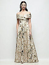 Front View Thumbnail - Plumeria Floral Print Off-Shoulder Wrap Floral Metallic Organza Jacquard Maxi Dress with Full Skirt