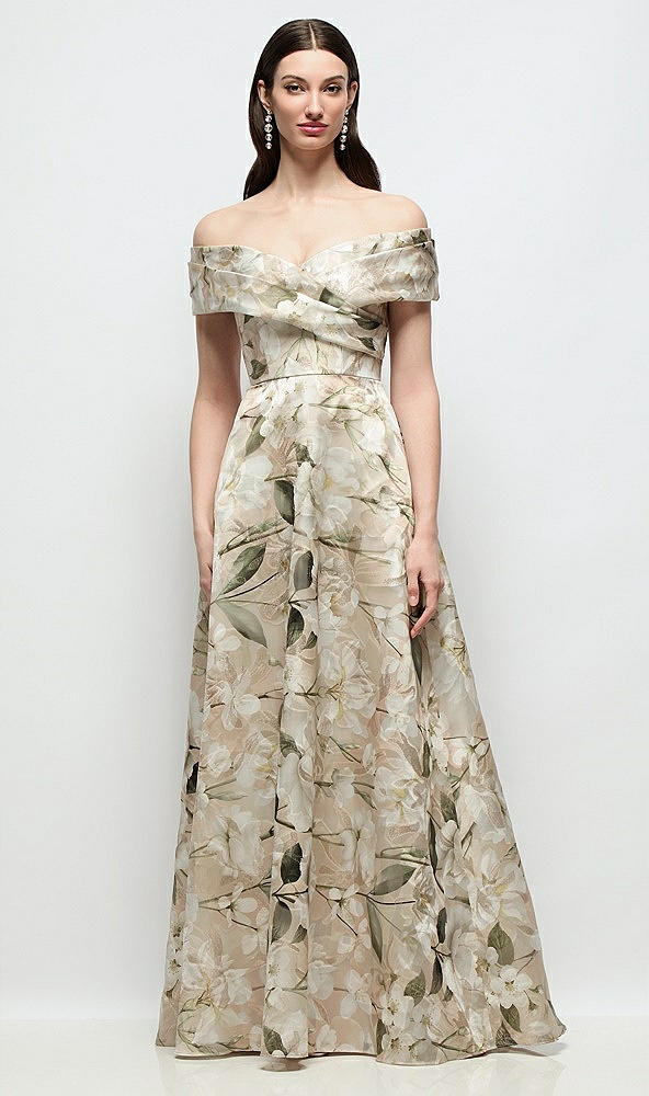 Front View - Plumeria Floral Print Off-Shoulder Wrap Floral Metallic Organza Jacquard Maxi Dress with Full Skirt