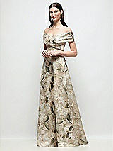 Side View Thumbnail - Plumeria Floral Print Off-Shoulder Wrap Floral Metallic Organza Jacquard Maxi Dress with Full Skirt