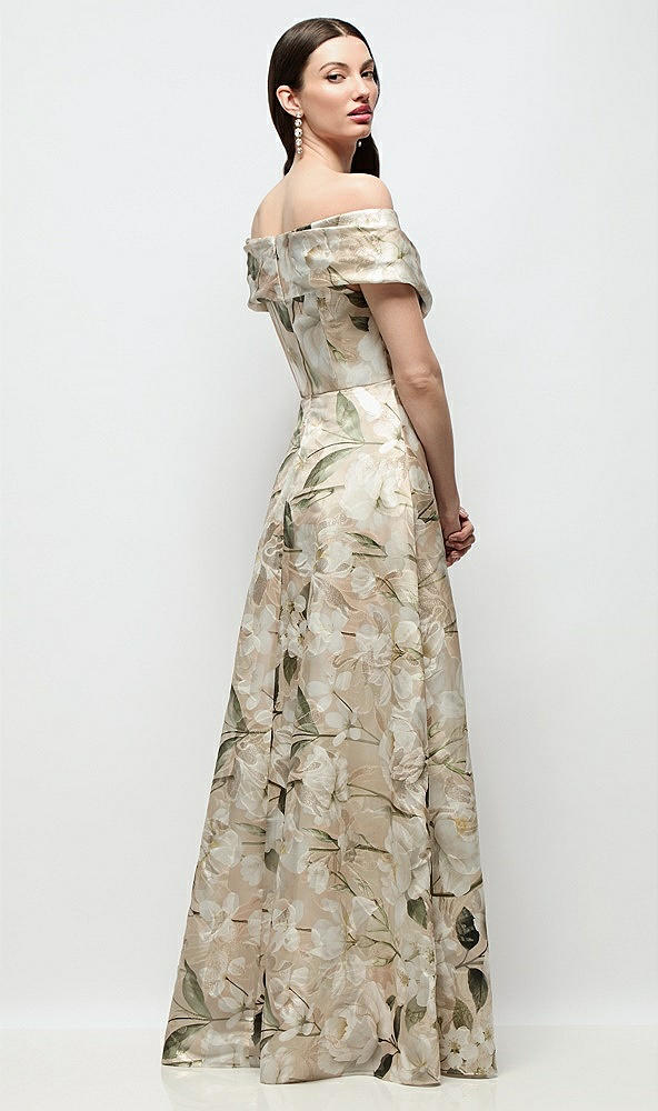 Back View - Plumeria Floral Print Off-Shoulder Wrap Floral Metallic Organza Jacquard Maxi Dress with Full Skirt