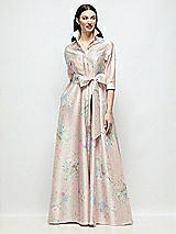 Front View Thumbnail - Esme Floral 3/4 Sleeve Esme Floral Satin Shirt Dress Gown with Sash & Jeweled Buttons