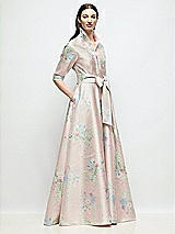 Side View Thumbnail - Esme Floral 3/4 Sleeve Esme Floral Satin Shirt Dress Gown with Sash & Jeweled Buttons