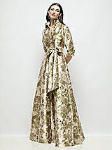 Side View Thumbnail - Peridot Blush Abstract Floral Jacquard Shirt Dress Gown with Sash & Jeweled Buttons