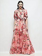 Front View Thumbnail - Guava Floral Print Floral Organza Jacquard Shirt Dress with Full Maxi Skirt & Sash
