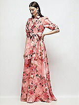 Side View Thumbnail - Guava Floral Print Floral Organza Jacquard Shirt Dress with Full Maxi Skirt & Sash
