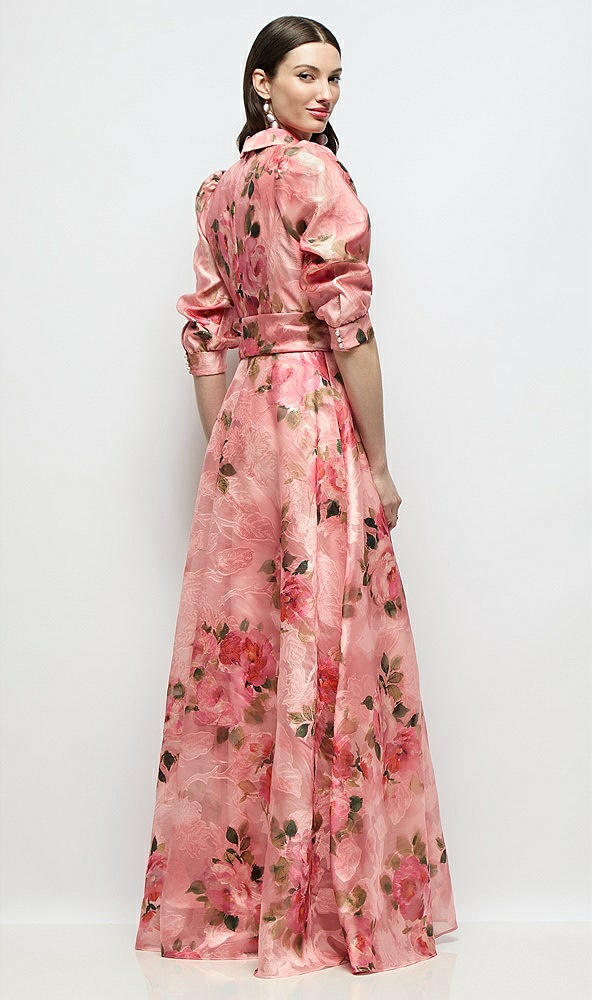Back View - Guava Floral Print Floral Organza Jacquard Shirt Dress with Full Maxi Skirt & Sash