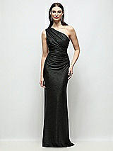 Front View Thumbnail - Black One-Shoulder Soho Metallic Ruched Waist Gown