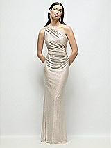 Front View Thumbnail - Champagne One-Shoulder Soho Metallic Ruched Waist Gown