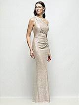 Side View Thumbnail - Champagne One-Shoulder Soho Metallic Ruched Waist Gown