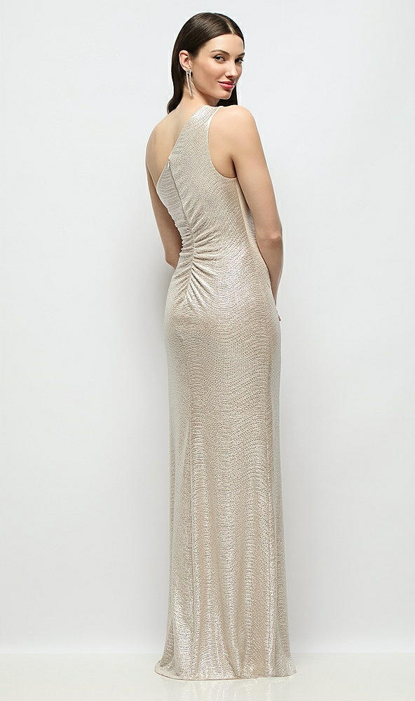 Back View - Champagne One-Shoulder Soho Metallic Ruched Waist Gown
