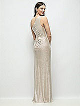 Rear View Thumbnail - Rose Gold One-Shoulder Soho Metallic Ruched Waist Gown