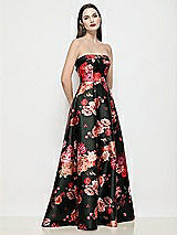 Side View Thumbnail - Wine Black Multi Strapless Bias Cuff Bodice Fleur de Ville Floral Satin Dress