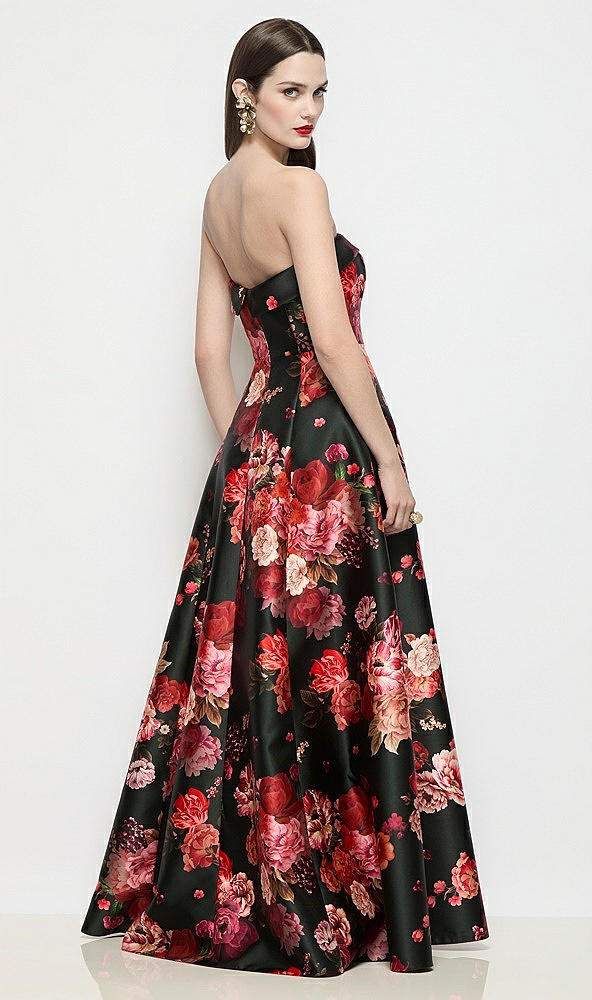 Back View - Wine Black Multi Strapless Bias Cuff Bodice Fleur de Ville Floral Satin Dress
